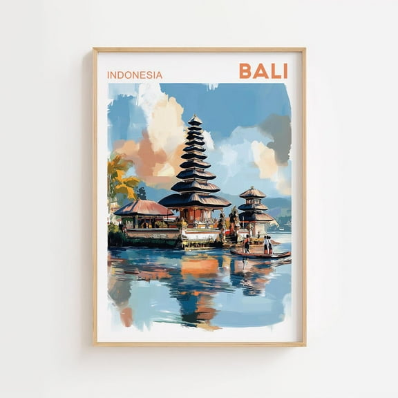 Bali Poster Indonesia Travel Posters Decor Mid Century Modern Wall Art Bali Indonesia Posters Vibrant Pura Ulun Danu Bratan Home Decor, 8x12 UNFRAMED