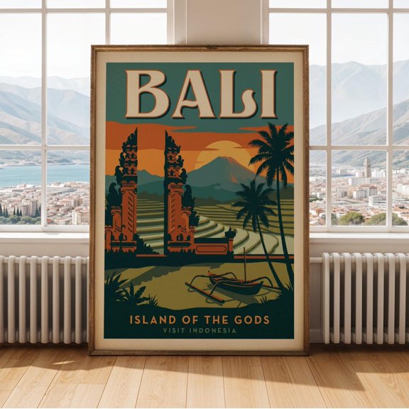 Bali Poster, Retro Travel Vector, Teal And Orange Block Lettering, Travel Inspired Home And Office Decor