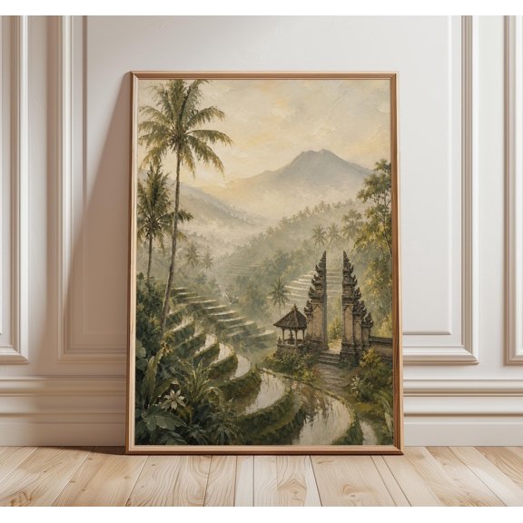 Bali Rice Terrace Art Tropical Landscape Wall Decor Balinese Temple Gate Boho Jungle Mountain, Unframed Paper Print