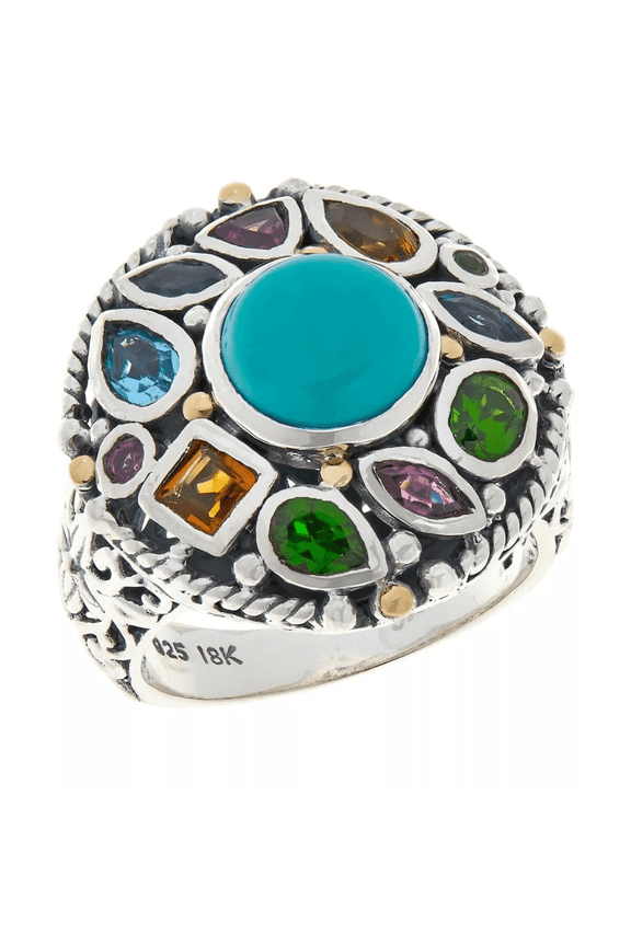 Sterling Silver Turquoise & Multi-Gemstone Round Ring, Size 7