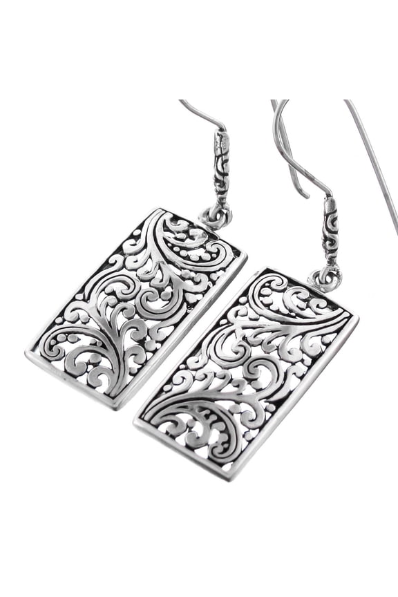 Scrollwork Filigree Rectangle 925 Sterling Silver French Wires Drop Earrings