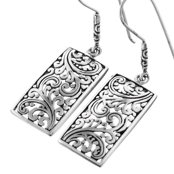 Bali Scrollwork Filigree Rectangle 925 Sterling Silver French Wires Drop Earrings