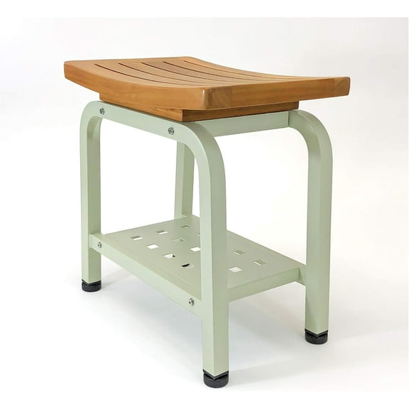 Bali Shower Bench, Teak & Aluminum Shower/Bath/Spa/Patio Stool Bench, Chair/Side Table with Storage Shelf for Indoor/Outdoor, Adjustable TPR Foot Pads,