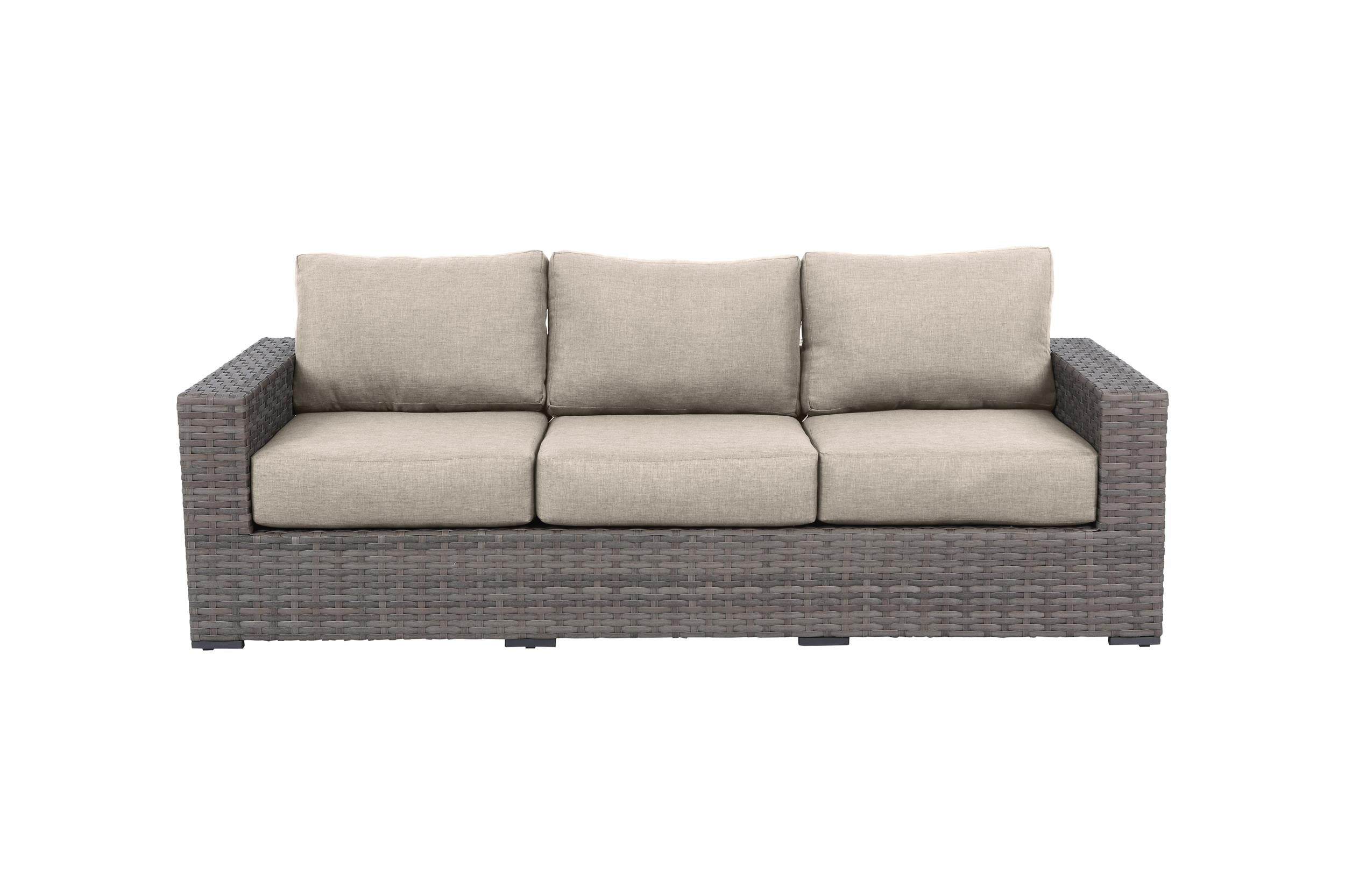 Gray Wicker Three-Seater Sofa with Light Beige Cushions
