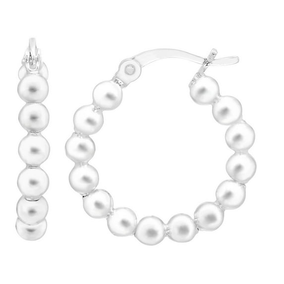 Bali Sterling Silver Beaded Hoop Earrings, 4x17mm, with Hinged Closure, Women’s, Unisex