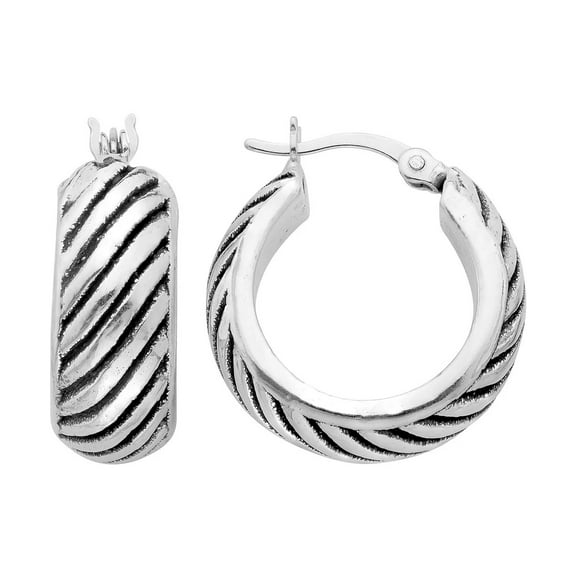 Bali Sterling Silver Diagonal Hoop Earrings, 18mm, with Hinged Closure, Women’s, Unisex