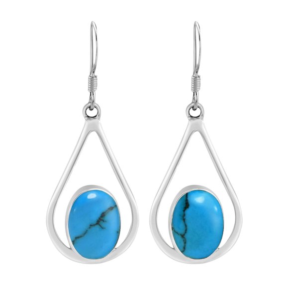 Bali Style Teardrops Oval Blue Turquoise .925 Sterling Silver Dangle Earrings