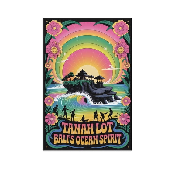 Bali Tanah Lot Temple Psychedelic 70s Poster Retro Ocean Waves Colorful Wall Art Print Poster