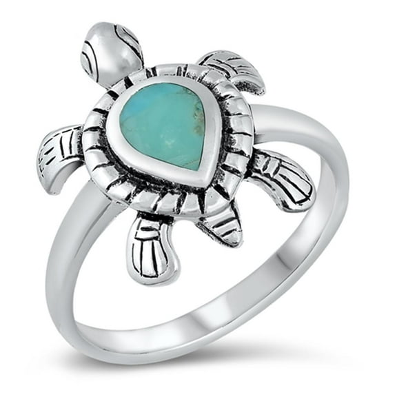 Bali Turtle Simulated Turquoise Ring .925 Sterling Silver Band Blue CZ Jewelry Female Size 10