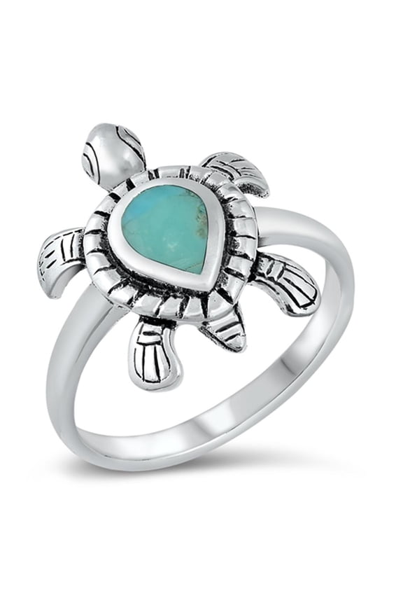 Bali Turtle Simulated Turquoise Ring .925 Sterling Silver Band Blue CZ Jewelry Female Size 6