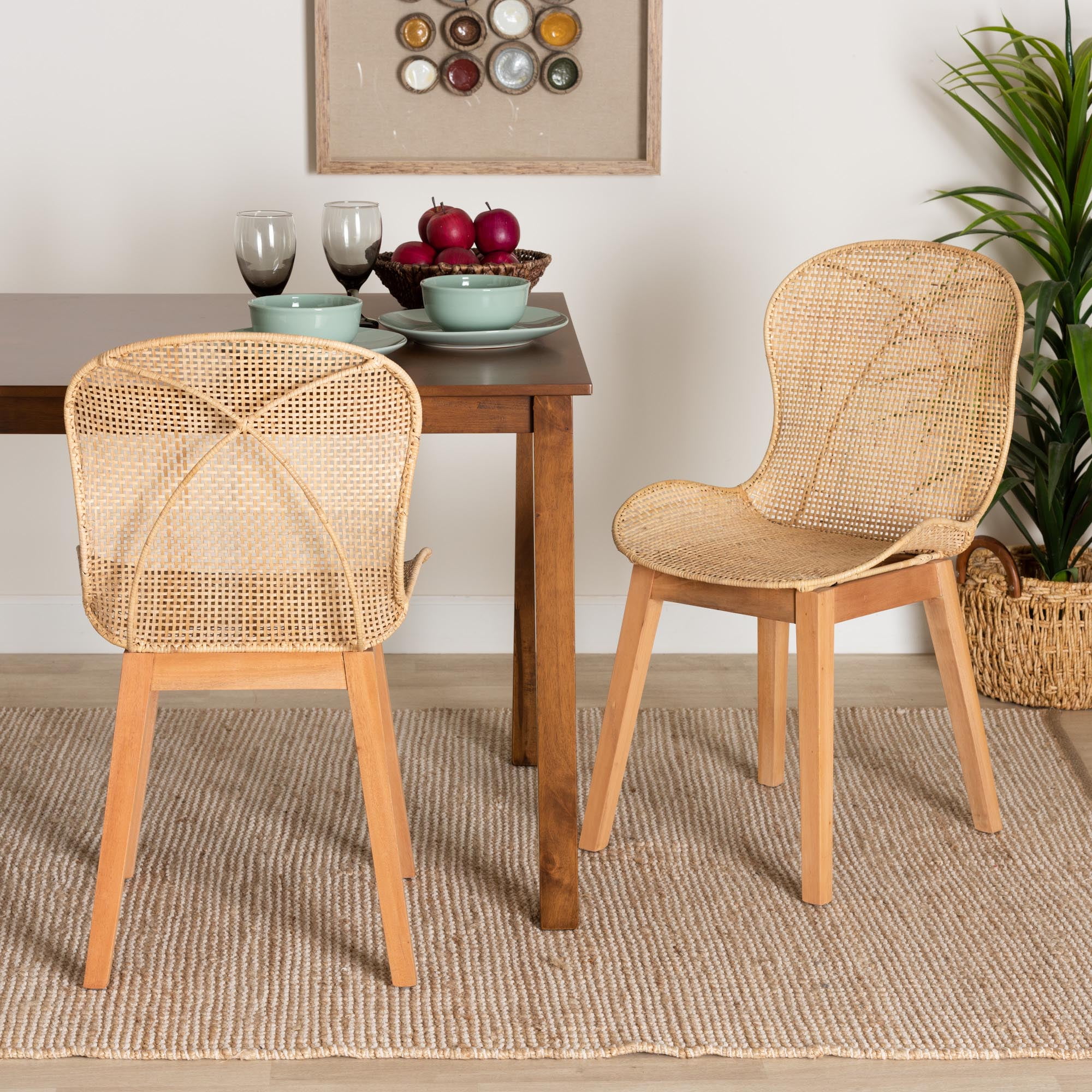 Bali & pari Sabelle Rattan and Mahogany wood Japandi Dining Chairs, Set of 2, Natural Brown ...