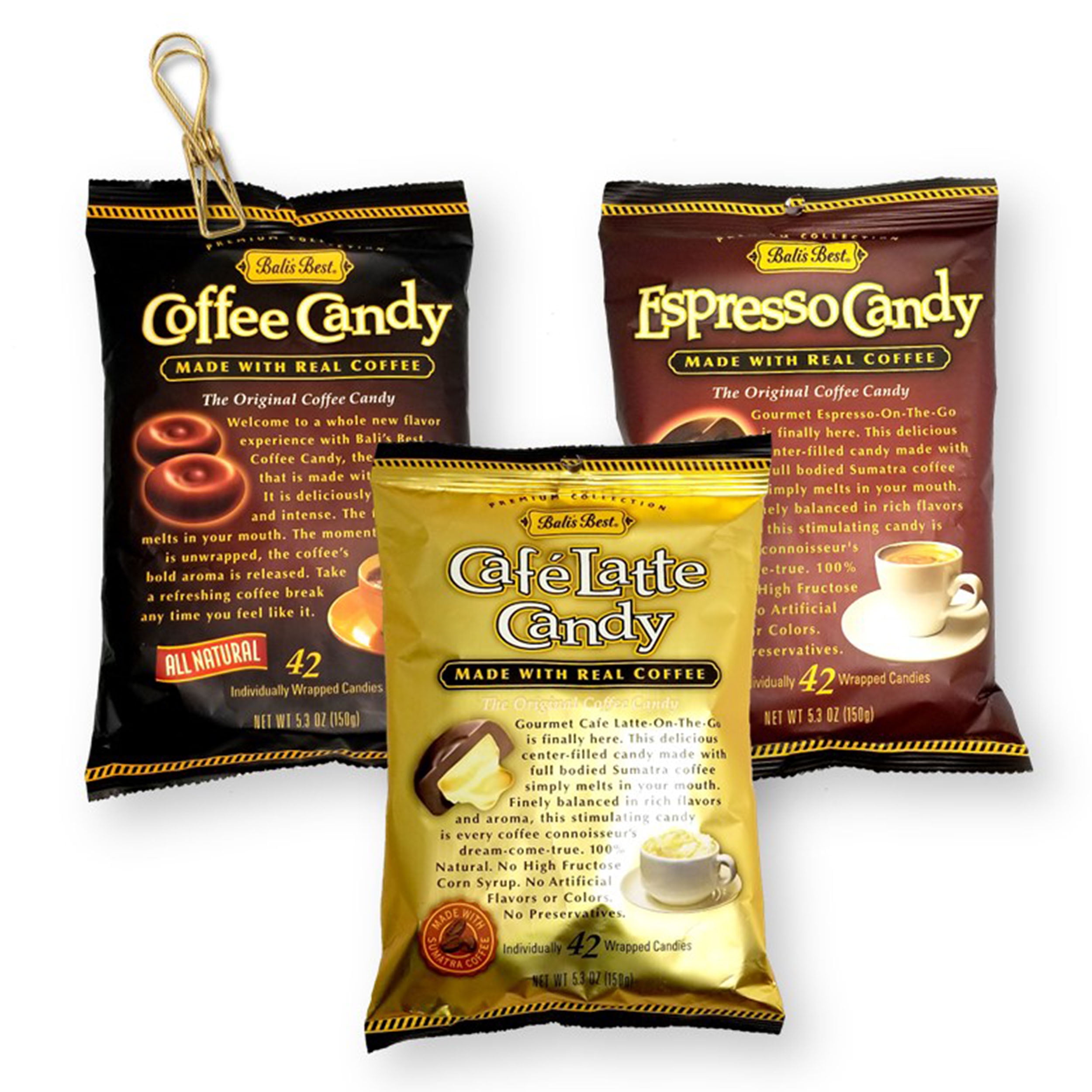 Bali's Best Coffee Candy Trio Variety Pack 3 Flavors (Coffee, Cafe Latte, and Expresso) with 1 Retro Design Metallic Stainless Steel Wire Bag Clip 5.3 Oz. X 3 (4-Piece Set)