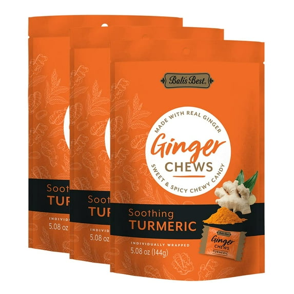 Bali's Best Ginger Chews, MFF30 Soothing Turmeric Flavor, 5.08 Oz (Pack of 3), Individually Wrapped Soft Candy, Made with 100% Real Ginger, Digestive Health Support, Upset Stomach Relief, Halal
