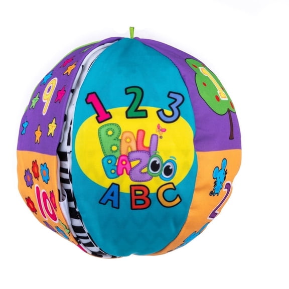 Balibazoo Double-Sided Soft Activity Ball for Babies 0-36M - High-Contrast Black & White + Colorful Numbers & ABC | Jingle Bell Sound | Educational Sensory Learning Toy | Grows with Baby | Infant Gif