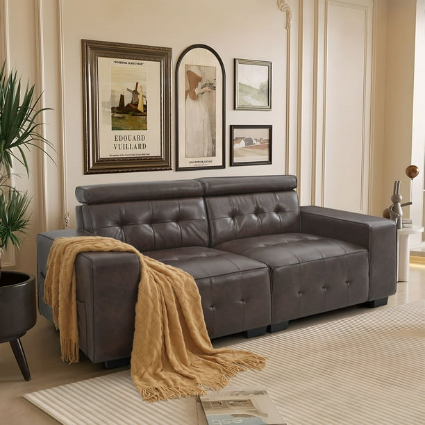 Balichun Modern Sofa with Adjustable Headrest Brown PU Leather Upholstered Sofa Couch with Side Pocket Oversized 3 Seat Couch for Living Room