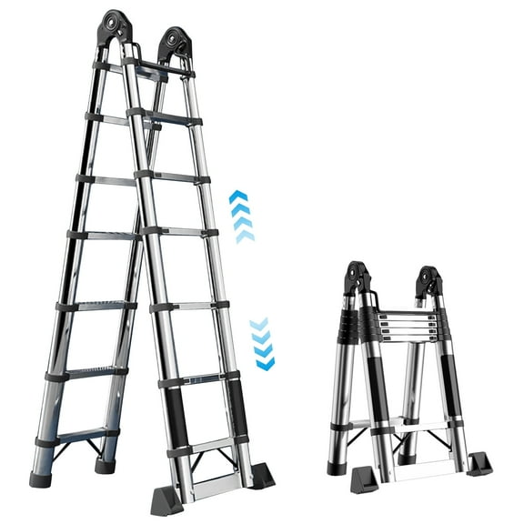 Balieda Folding Telescoping Ladder, Stainless Steel Extension Ladder with Locking Mechanism 12FT Touch Height, Collapsible Ladder for Home, Rv, Or Outdoor Use, Supports up to 330 Lbs