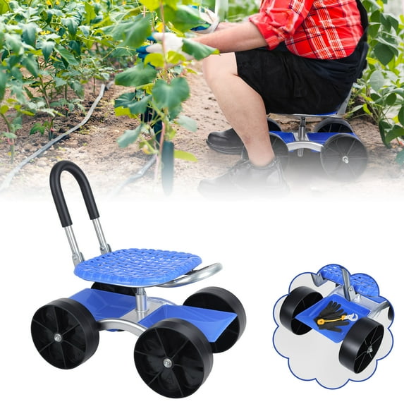 Balieda Garden Rolling Cart Workseat with Wheels, Gardening Stool for Planting, 360 Degree Swivel Seat, Rolling Stool with Steering Handle and Tool Tray for Patio, Yard, Outdoors, Blue