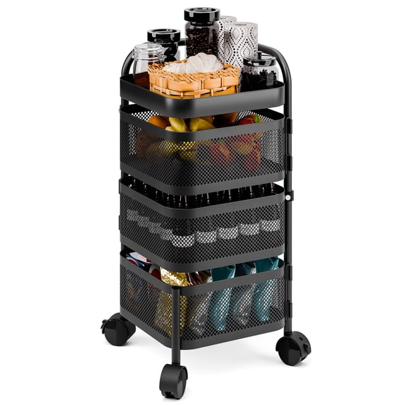 Balieda Rotating Trolley, Square Kitchen Trolley, Rotating Kitchen Storage Shelves, Kitchen Vegetable Storage Organizer, Fruit Basket Floor Stand Shelf Fruit Tower, 3 Tiers