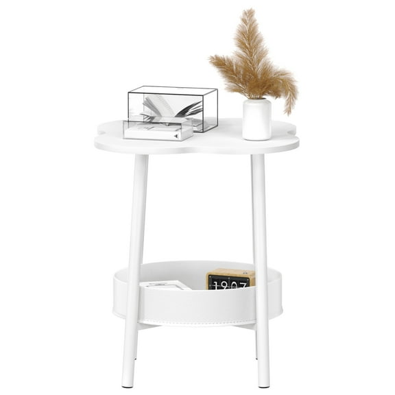Balieda Side Table, Small Bedside Table with Basket, Flower Shaped Table Nightstand, 2-Tier Metal Side Table for Living Room, Bedroom, White
