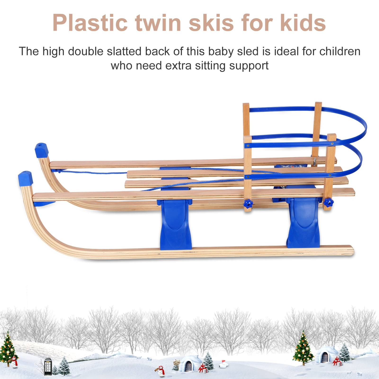 Balieda Toddler Snow Sled, Ski Sled with Slatted Backrest Wooden ...