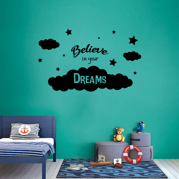 Balieve In Your Dreams Vinyl Wall Decal Wall Art Wall Sticker Decoration Clouds And Stars Night Silhouette Vinyl Wall Deor For Kids Room Bedroom Nursery Room For Home Wall Design Size (10x10 inch)