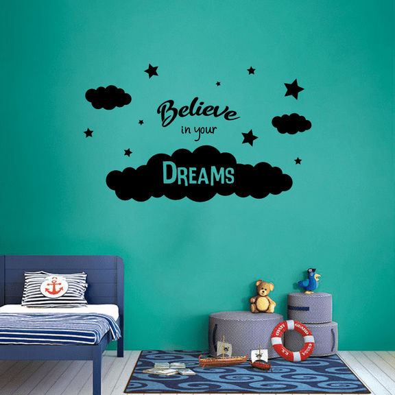 Balieve In Your Dreams Vinyl Wall Decal Wall Art Wall Sticker Decoration Clouds And Stars Night Silhouette Vinyl Wall Deor For Kids Room Bedroom Nursery Room For Home Wall Design Size (30x30 inch)