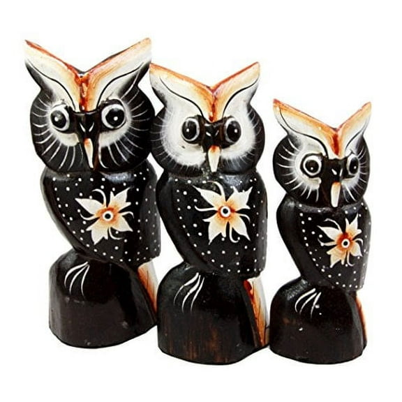 Balikraft Hand Made Wood Artisans "Burung Hantu" Star Flower Nocturnal Owl Family Set of 3 Decorative Figurines 7.5"H
