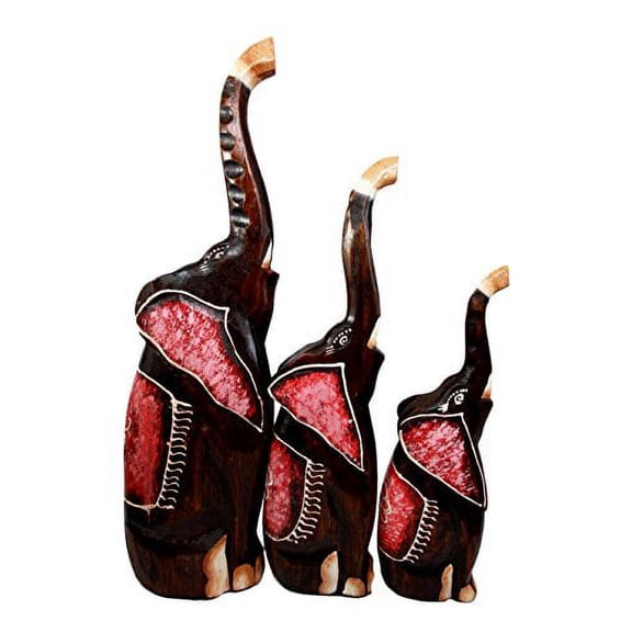 Balikraft Hand Made Wood Artisans "Gajah Rimba" Large Javanese Abstract Pink Elephant Desktop Figurine Set 20.5"H