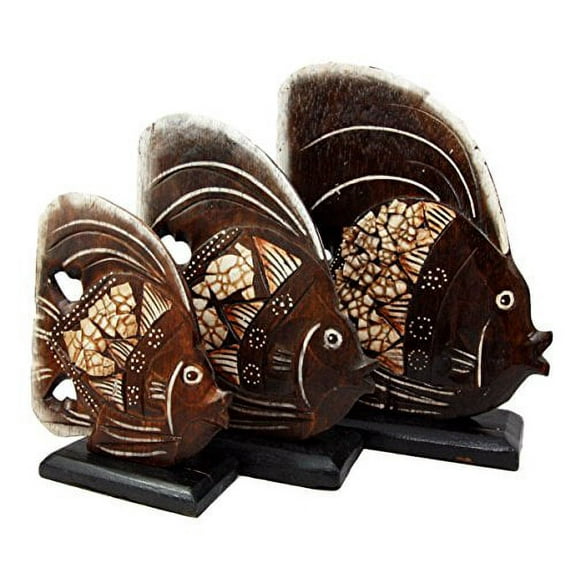 Balikraft Hand Made Wood Artisans "Ikan Telur" River Angel Fish Family With Crushed Egg Shells Fin Set of 3 Decorative Figurines 10"H