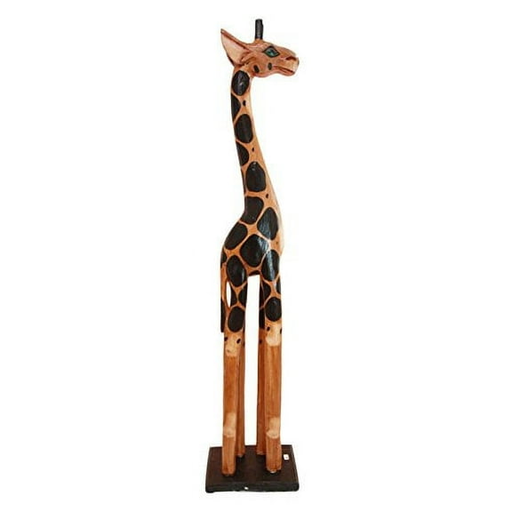 Balikraft Hand Made Wood Artisans "Jerapah Antik" Large Upright Safari Giraffe Animal With Large Spots Decorative Figurine 31.5"H