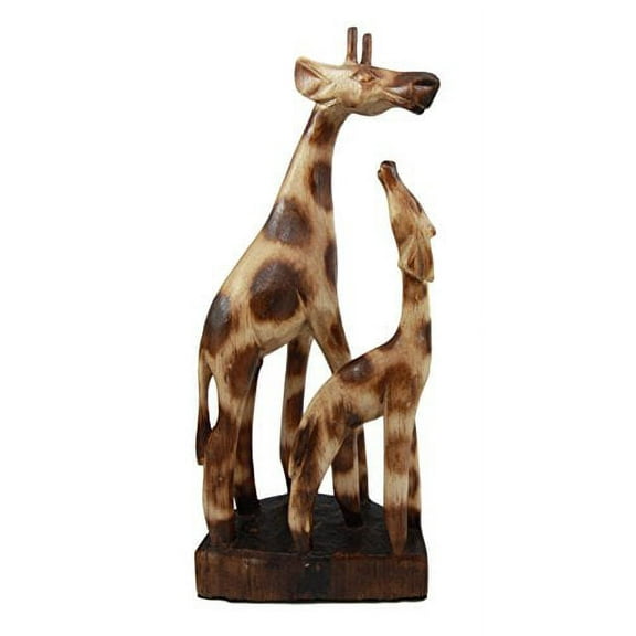 Balikraft Hand Made Wood Artisans "Jerapah Solo" Safari Giraffe Mother And Calf Family Decorative Figurine 11.75"H