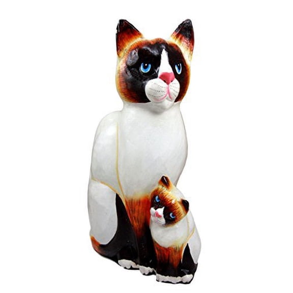 Balikraft Hand Made Wood Artisans "Kucing Mata Biru" Large Feline Cat With Kitten Family Decorative Figurine 12.25"H