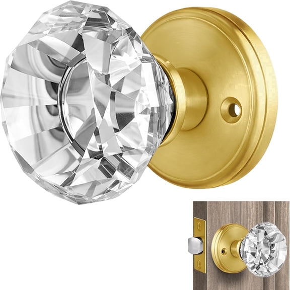 Balin Designs Crystal Door Knob with Lock, Glass Door Knobs Interior Privacy/Passage Set, Vintage Decorative Antique Style Handle for Bedroom, Bathroom, Closet (Gold, Passage Function - 1 Pack)