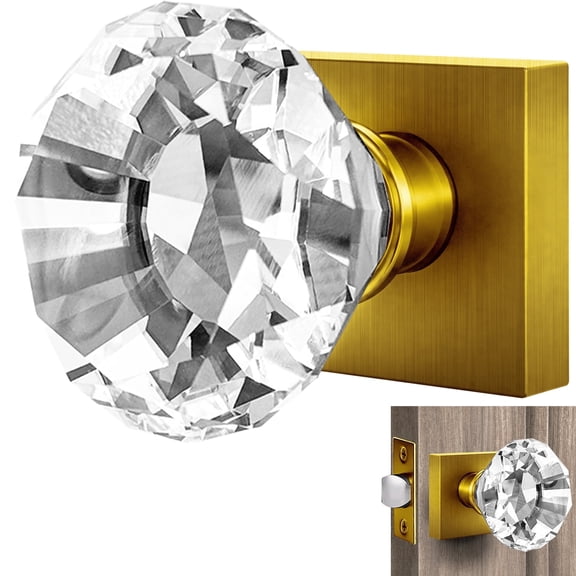 Balin Designs Gold Crystal Door Knob, Glass Door Knobs Interior Non-Locking Set, Square Brass Antique Decorative Vintage Style for Hallway, Closet, Passage Doors, 1 Pack