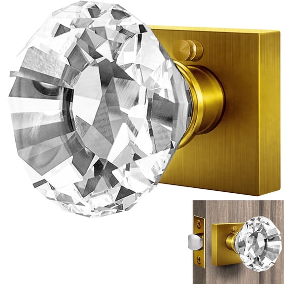 Balin Designs Gold Crystal Door Knobs with Lock, Glass Door Knobs Interior Privacy Set, Square Brass Vintage Decorative Antique Style Handle for Bedroom, Bathroom, Closet, 1 Pack