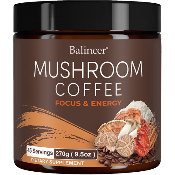 Balincer Instant Mushroom Coffee, 6 Adaptogenic Mushrooms, for Focus, Energy, Immune & Digestion Support