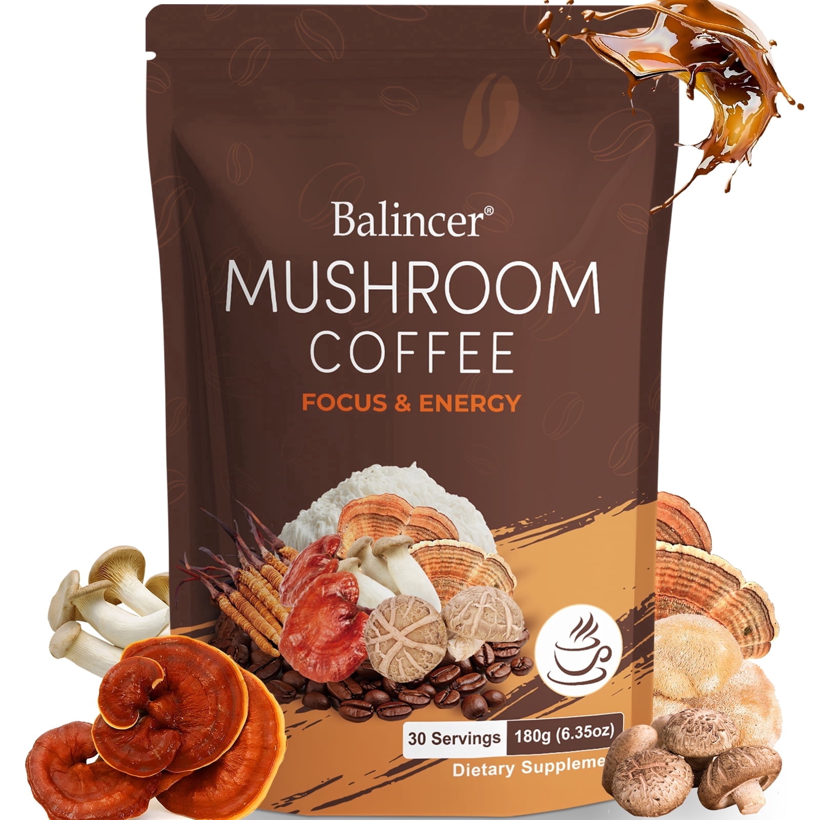 Balincer Mushroom Coffee, 6 Adaptogenic Mushrooms, Instant Mushroom Coffee for Focus, Energy, Immune & Digestion Support,Herbal Supplements