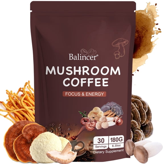 Balincer Mushroom Coffee, 6 Adaptogenic Mushrooms Mixed with Premium Instant Coffee for Focus, Energy, Immune Support, 30 Servings