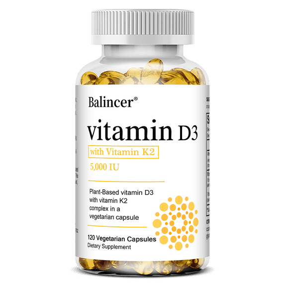Balincer Vitamin D3 + K2 Supplement, 5000 IU,GMO Free,Vegan, 120 Vegetarian Capsules