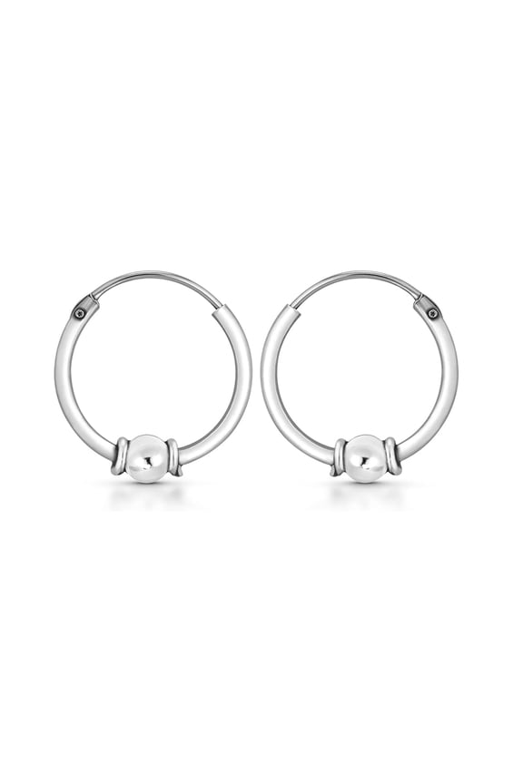 Balinese Beaded Ball Hoop Earrings in 925 Sterling Silver | 14mm Vintage Huggie Hoops for Women | Classic Bali-Inspired Earrings