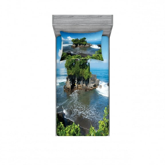 Balinese Bedding Set with Sheet & Covers, Tanah Lot Building Bali Island Wavy Ocean Historic Architecture Heritage Picture, Printed Bedroom Decor 2 Shams, 4 Sizes, Green Blue, by Ambesonne