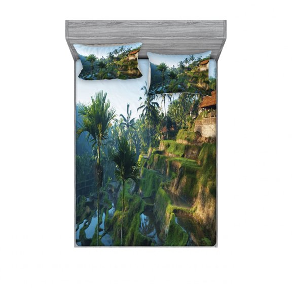 Balinese Bedding Set with Sheet & Covers, Terrace Rice Fields Palm Trees Traditional Farmhouse Morning Sunrise Bali Indonesia, Printed Bedroom Decor 2 Shams, 4 Sizes, Green, by Ambesonne