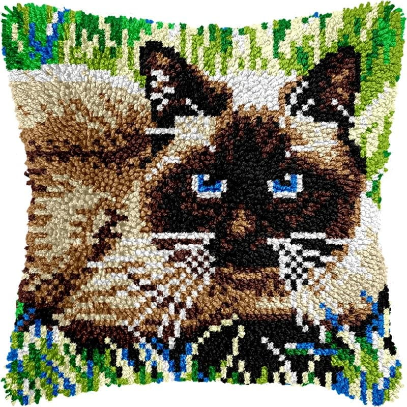 Balinese Cat Latch Hook Pillow Kits Pillow Cover Pattern Printed Canvas Crochet Cross Stich Hooking Pillowcase Cushion Crafts Embroidery Latch Hooking Crochet Kits Set 17x17 inch(98)