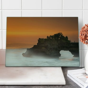 Balinese Cutting Board, Building Pura Tanah Lot Bali Indonesia Romantic Sunset Exotic Holidays, Decorative Tempered Glass Cutting and Serving Board, Large Size, Orange Brown, by Ambesonne