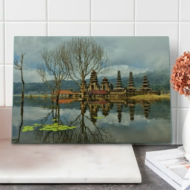 Balinese Cutting Board, Forest Trees Building Cloudy Sky Reflection on Tamblingan Lake Bali Landscape, Decorative Tempered Glass Cutting and Serving Board, Large Size, Brown and Grey, by Ambesonne