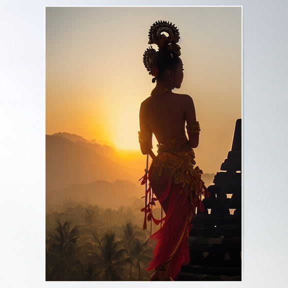 Balinese Dancer At Borobudur Enjoying A Beautiful Sunrise Poster Wall Art, Modern Wall Decor For Living Room Bedroom, 12x18 UNFRAMED