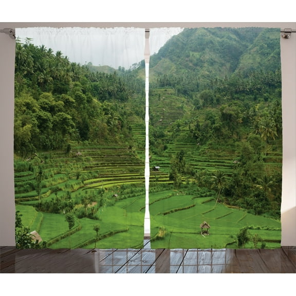 Ambesonne Tropical Curtains 2 Panel Set, Rice Paddies, 108" x 90", Green