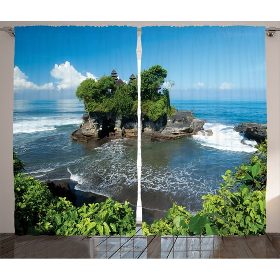 Ambesonne Ocean Curtains 2 Panel Set, Building in Bali Island Asia, 108" x 90", Green Blue