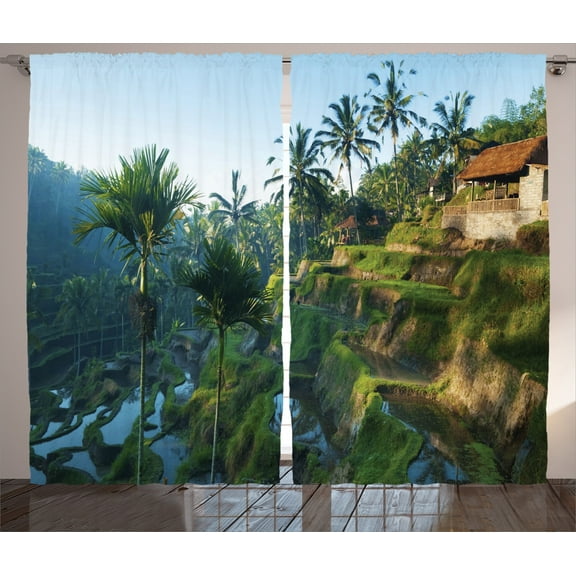 Ambesonne Landscape Curtains 2 Panel Set, Palm Trees Morning, 108" x 90", Green