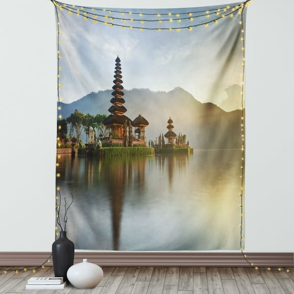 Balinese Decor Wall Hanging Tapestry, Pura Ulun Danu Temple Panorama at Sunrise on A Lake Bratan Bali Indonesia Waterscape, Bedroom Living Room Dorm Accessories, 60 X 80 Inches, by Ambesonne